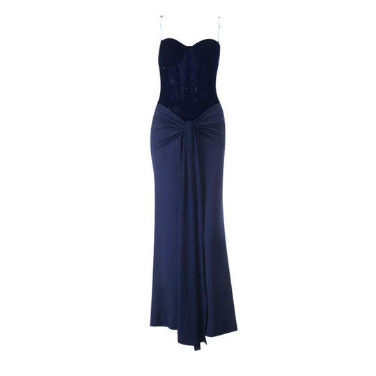 Damen schickes Maxikleid mit elegantem Bustier-Oberteil und gerafftem Rock R&B