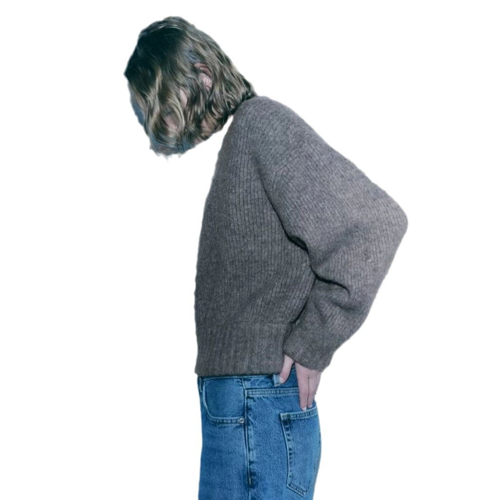Damen lässiger Strickjacke mit hochgeschlossenem Reißverschluss und voluminösen Ärmeln R&B