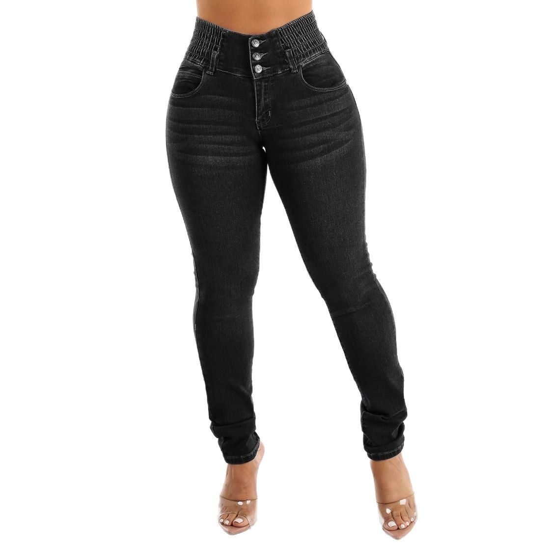 Damen High-Waist Skinny Jeans mit elastischem Bund R&B