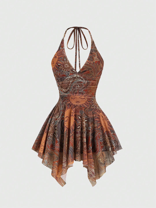 Damen lässiges Strandkleid mit asymmetrischem Saum und raffiniertem Druck R&B