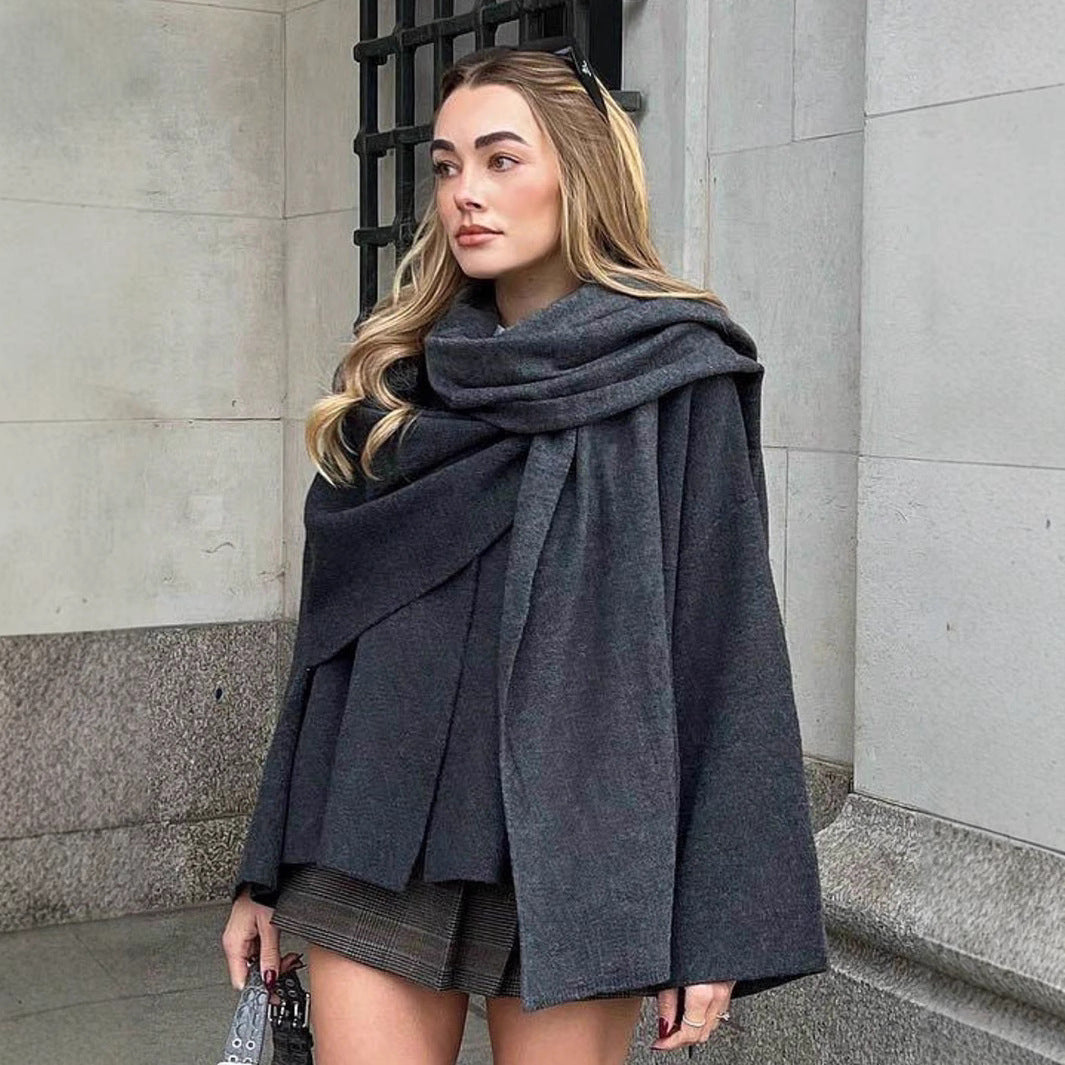 Damen elegante Wollumhängejacke mit asymmetrischem Saum R&B