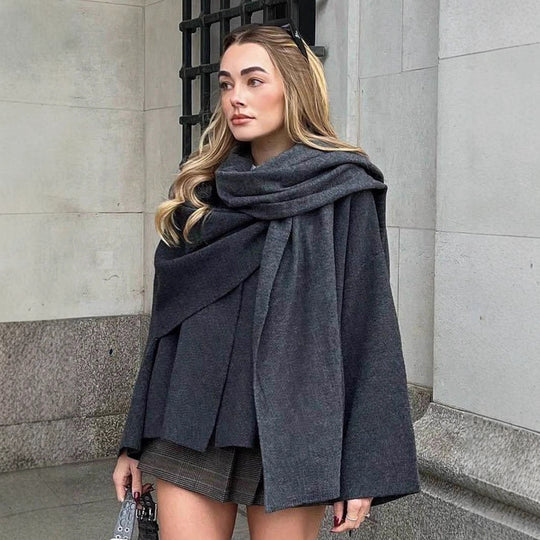 Damen elegante Wollumhängejacke mit asymmetrischem Saum R&B