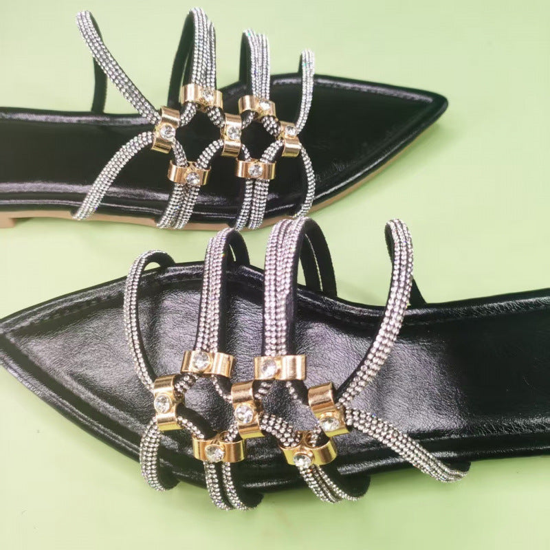 Damen elegante Riemchen-Sandalen mit funkelnden Akzenten und spitzem Zehenbereich R&B