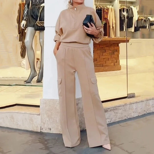 Damen Freizeit-Loungewear Set mit hohem Kragen und seitlichen Taschen R&B