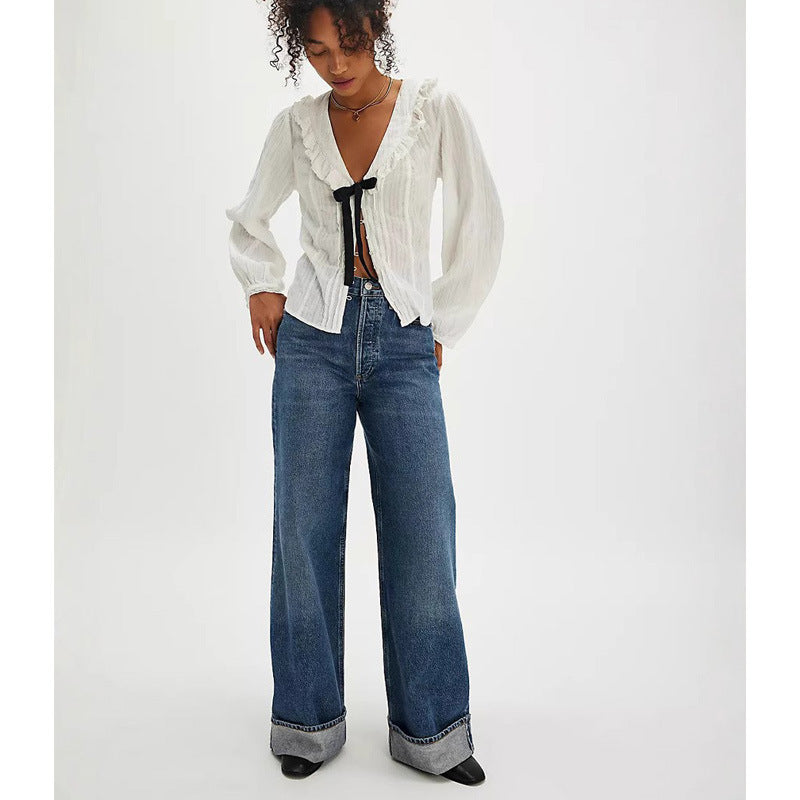 Damen Weite Jeans mit modischen Saumdetails