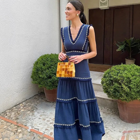 Damen Maxikleid mit elegantem V-Ausschnitt und Rüschendetails R&B