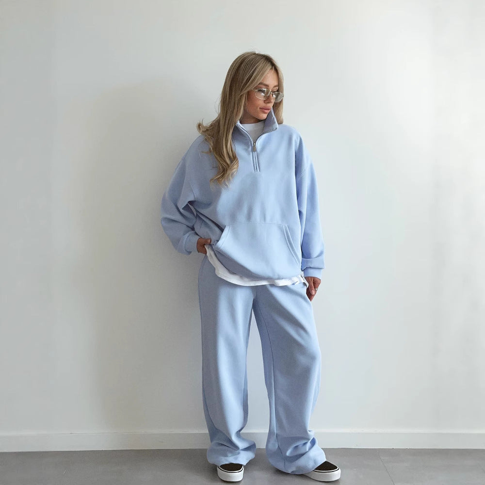 Damen gemütliches Fleece-Loungewear-Set mit hochgezogenem Kragen und lockerer Passform R&B
