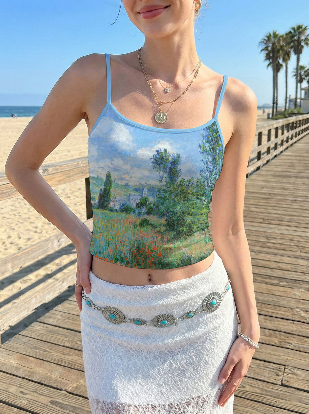 Damen Crop-Top mit floralem Motiv und verstellbaren Trägern R&B