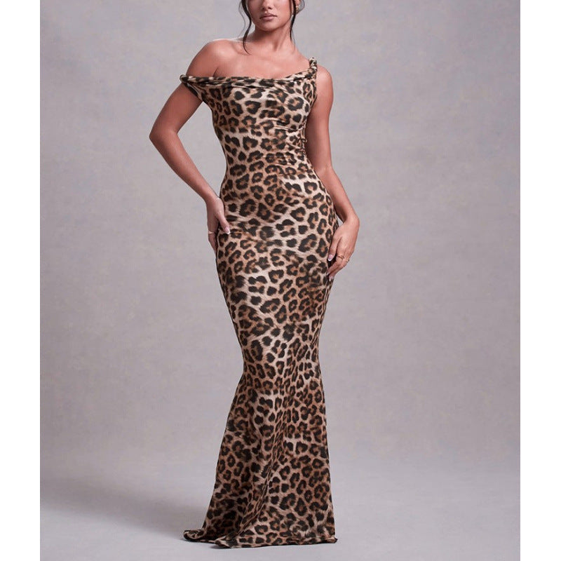 Damen Langarm Maxikleid im eleganten Leopardenmuster R&B