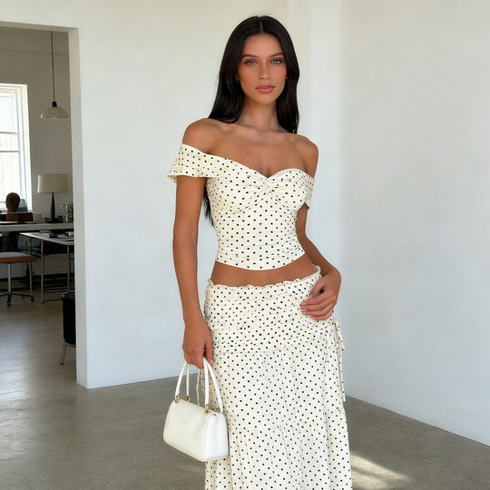 Damen Zweiteiliges Polka-Dots Set mit schulterfreiem Oberteil und schwingendem Rock R&B