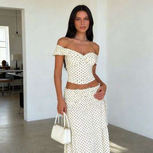 Damen Zweiteiliges Polka-Dots Set mit schulterfreiem Oberteil und schwingendem Rock R&B