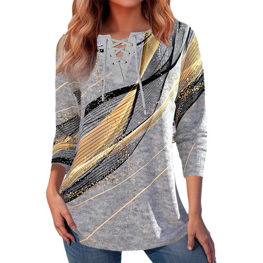 Damen Langarmbluse mit raffiniertem Schnürdesign und abstractem Muster Heidi-Mode