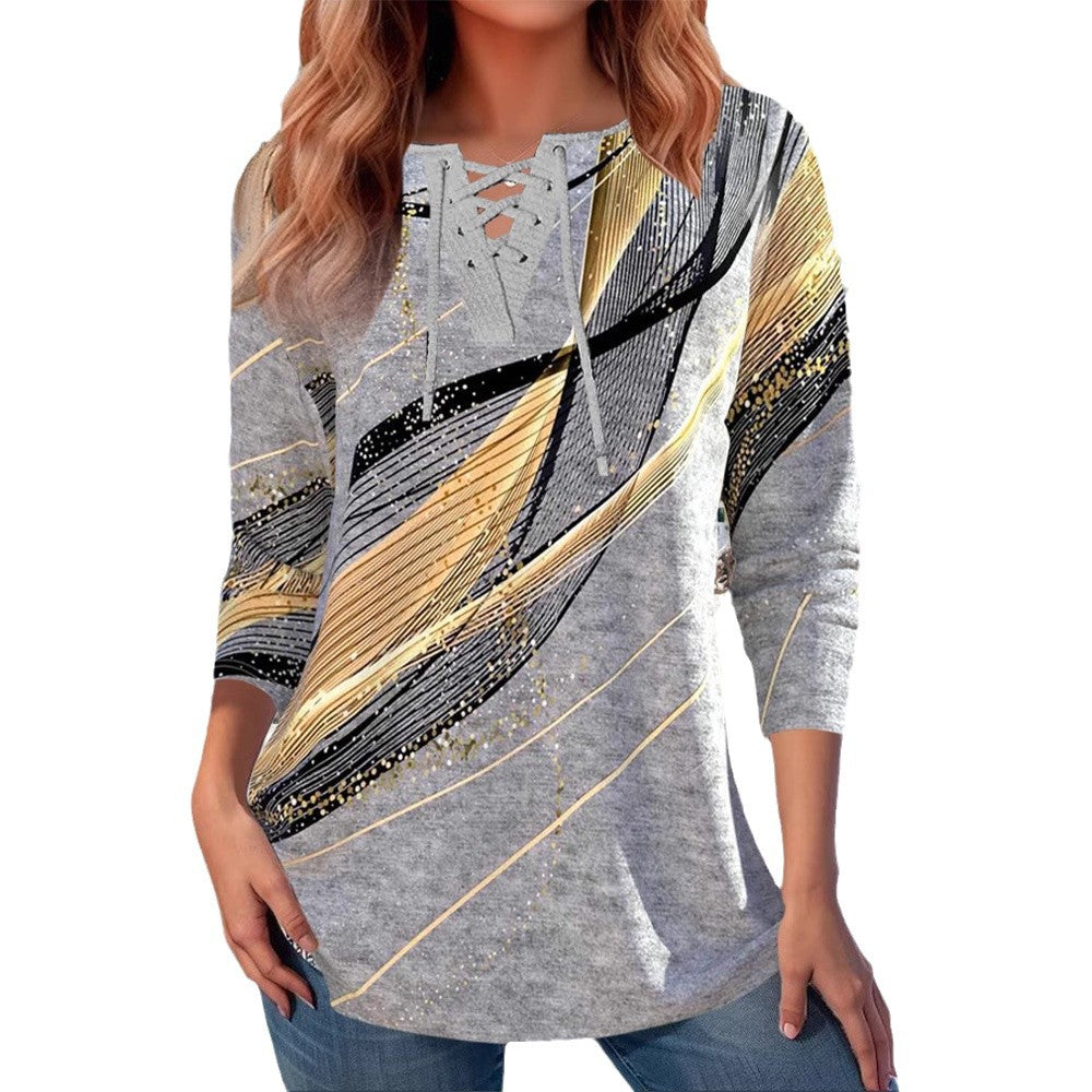 Damen nan Schnürkragen-Longshirt mit dreiviertel-Ärmeln und grafischem Metallic-Print R&B