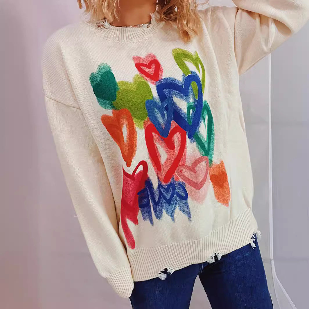 Damen Freizeitpullover mit buntem Herzmotiv und lässigem Schnitt R&B