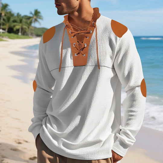 Herren lässiges Langarm-Henley-Shirt mit ausgefallenem Schnürdesign und kontrastrierenden Ellenbogen-Patches R&B