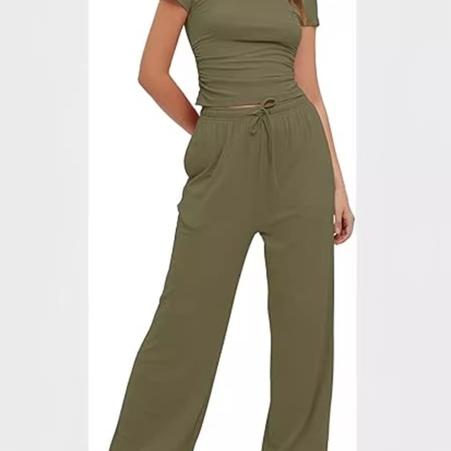 Damen lässiger Zweiteiler mit cropped Oberteil und weitem Beinkleid R&B