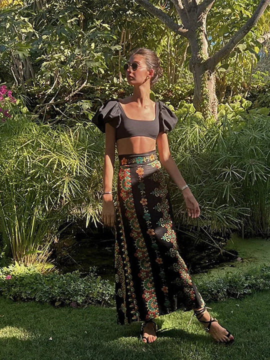 Damen Zweiteiliges Outfit mit kurzem Oberteil und floralem Maxirock R&B