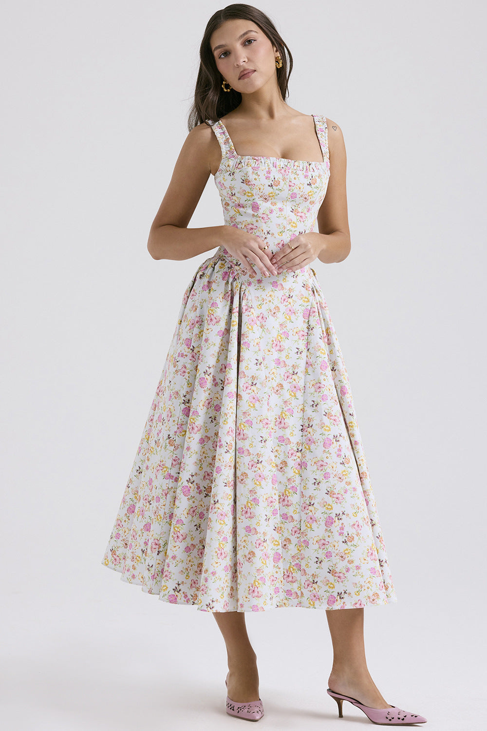 Damen Midi-Kleid mit floralem Muster und angeschnittenem Rock R&B