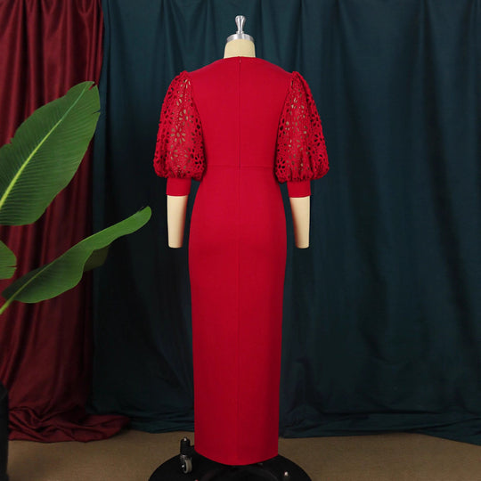 Damen elegantes Maxi-Kleid mit extravaganten Puffärmeln und schickem Schlitz R&B