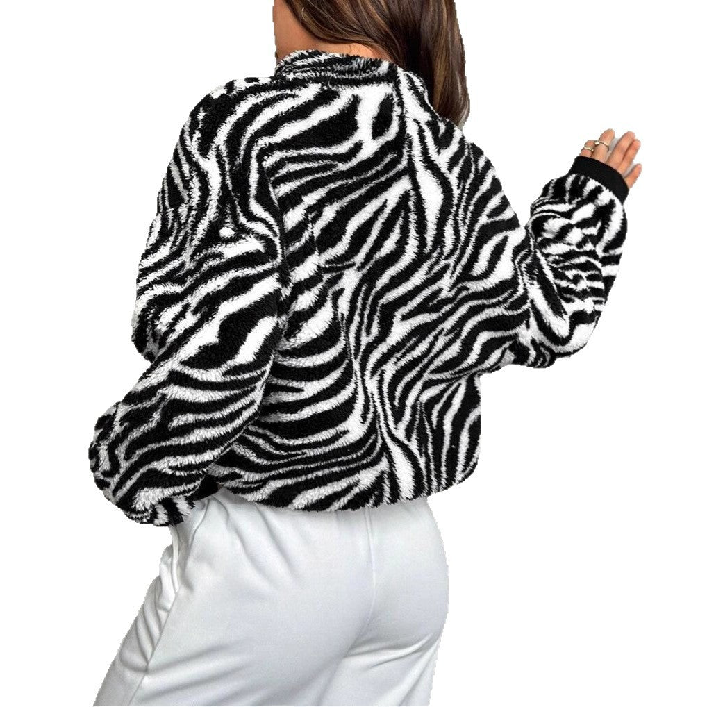 Damen Fleece-Pullover mit halbhohem Kragen und rustikalem Kuhmuster R&B
