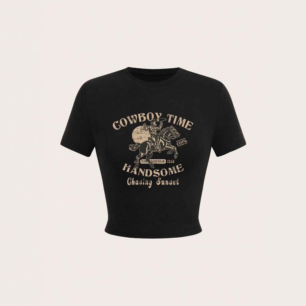 Damen Crop-Shirt mit auffälligem Cowboy-Motiv und stilvollem Schnitt R&B