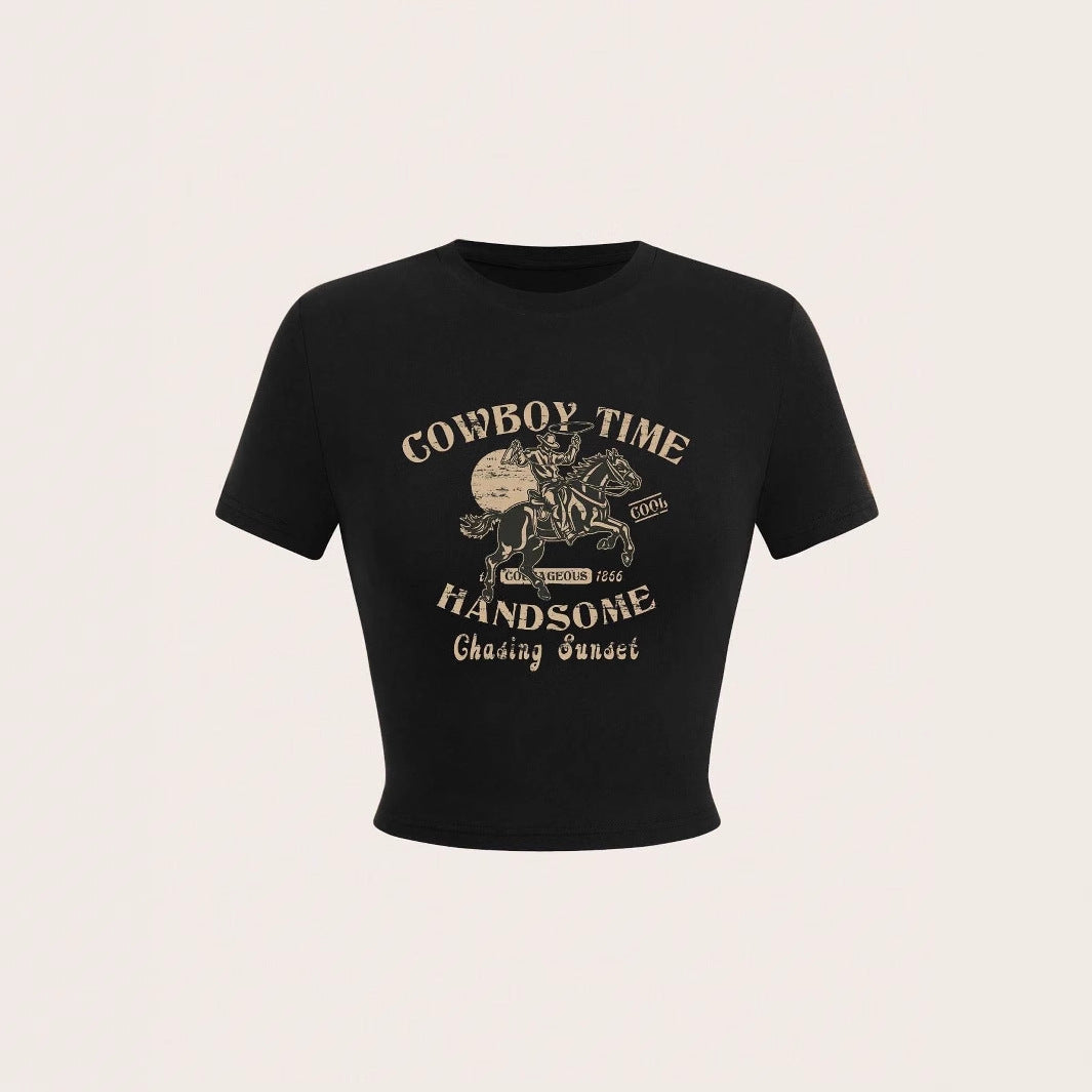 Damen Crop-Shirt mit auffälligem Cowboy-Motiv und stilvollem Schnitt R&B