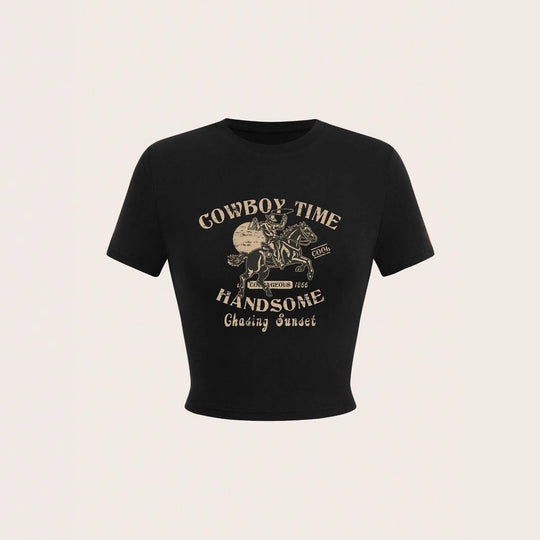 Damen Crop-Shirt mit auffälligem Cowboy-Motiv und stilvollem Schnitt R&B