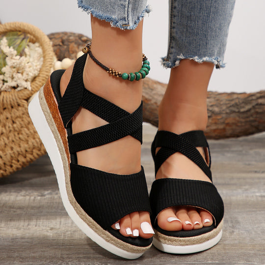 Damen Komfortable Wedge-Sandalen mit elastischen Riemen und Jutesohle R&B