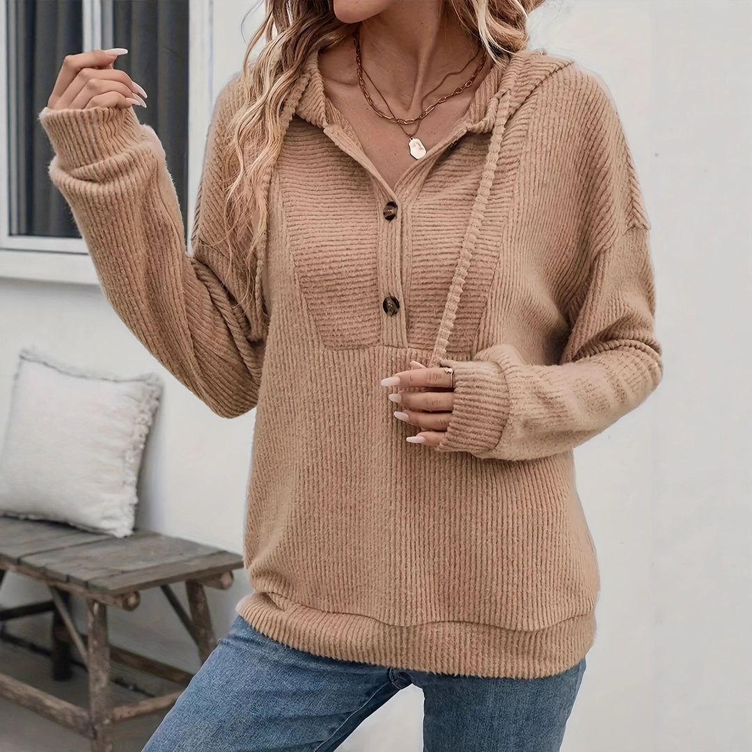 Damen kuscheliger Kapuzenpullover mit Knopfleiste und Rippstruktur R&B