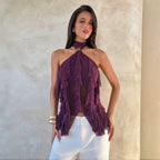 Damen nan Chiffon-Haltertop mit dekorativem Metallring und mehrlagigen Volants R&B