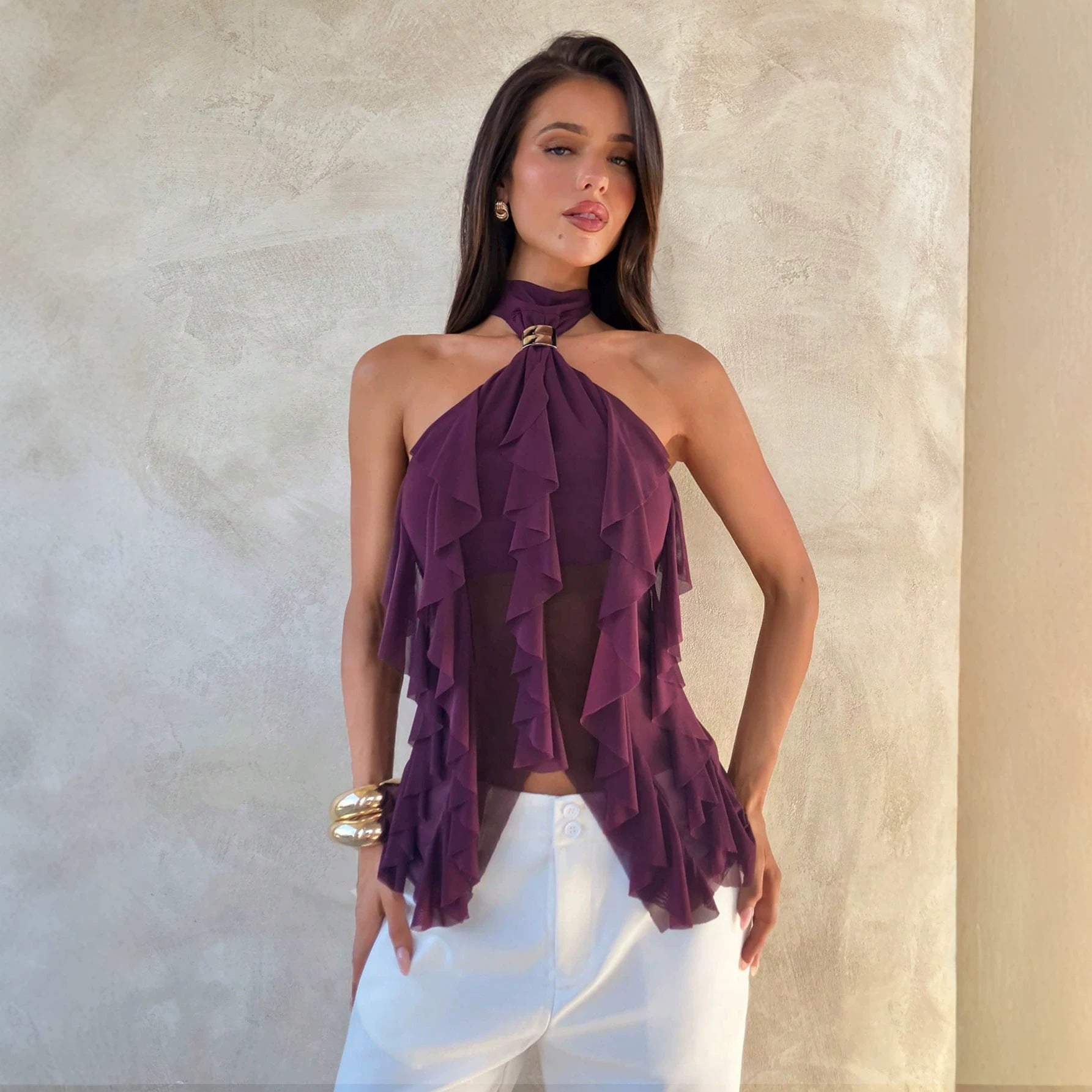 Damen nan Chiffon-Haltertop mit dekorativem Metallring und mehrlagigen Volants R&B