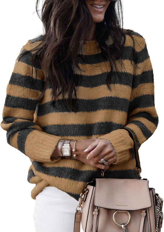 Damen lässiger Strickpullover mit breiten Querstreifen R&B
