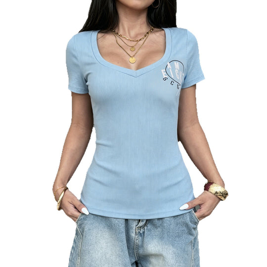 Damen Kurzarmshirt mit V-Ausschnitt und grafischem Print R&B