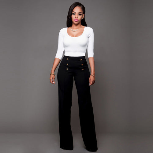Damen hochtaillierte Palazzo-Hose mit dekorativen Knopfdetails R&B