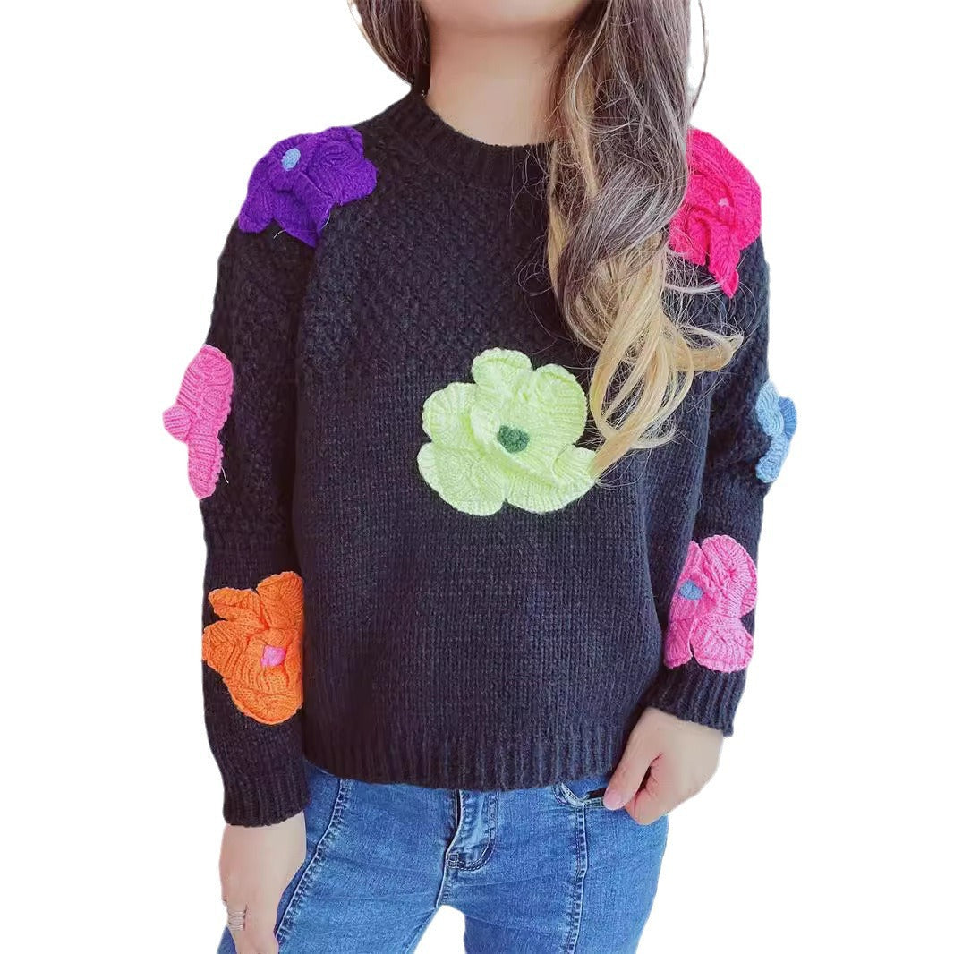 Damen kuscheliger Strickpullover mit floralem 3D-Motiv R&B