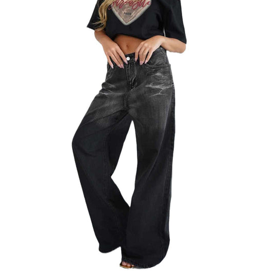 Damen lockere High-Waist Jeans mit angesagtem Farbverlauf und weitem Bein R&B