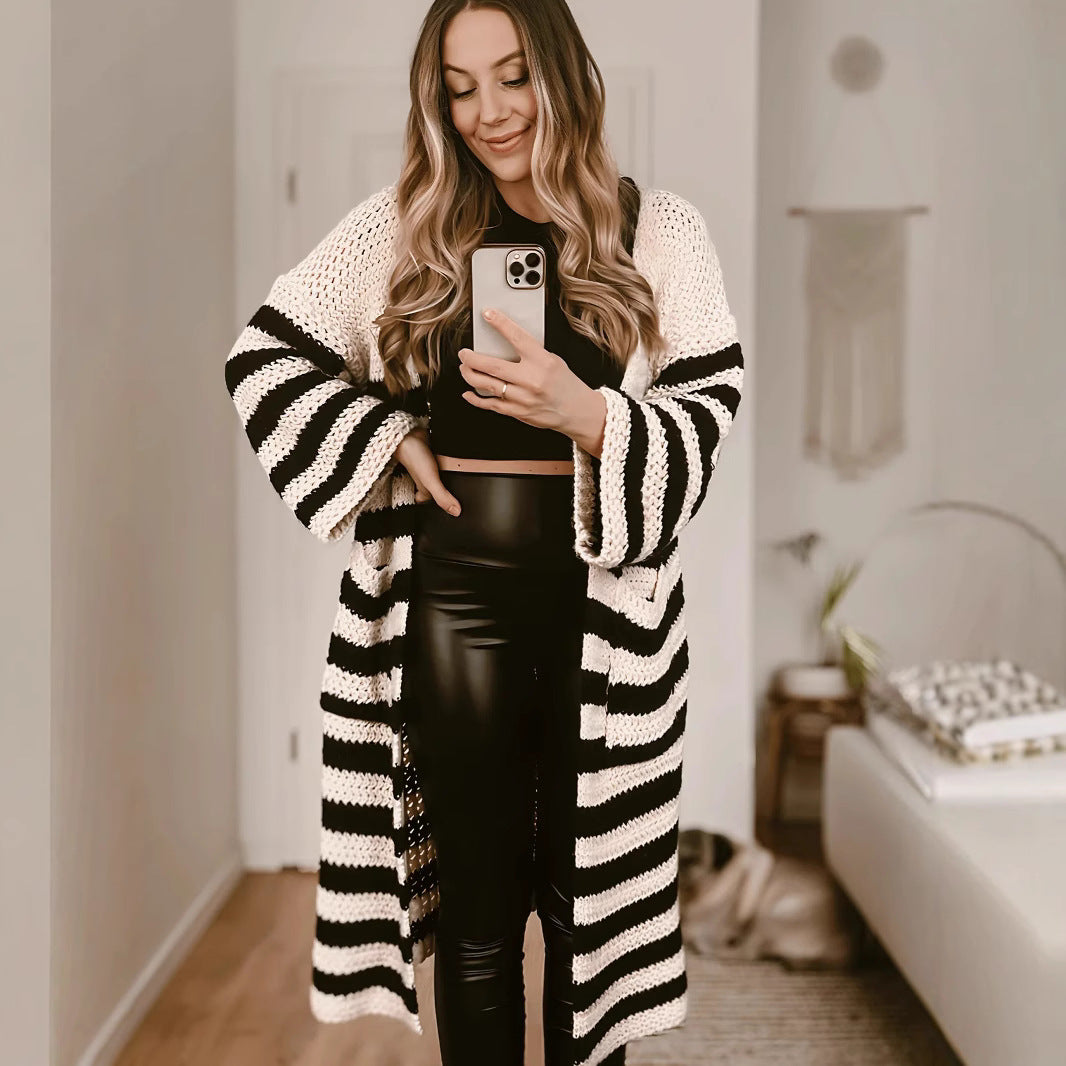Damen Grobstrickjacke mit gestreiftem Design und lässigem Schnitt R&B