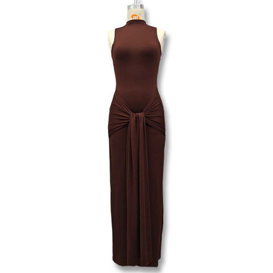 Damen Elegantes Maxikleid mit hochgeschlossenem Kragen und Drapierung R&B