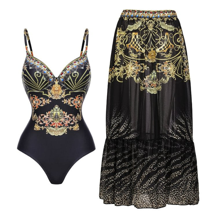 Damen Einteiler Badeanzug mit elegantem Design und passendem Wickeltuch R&B