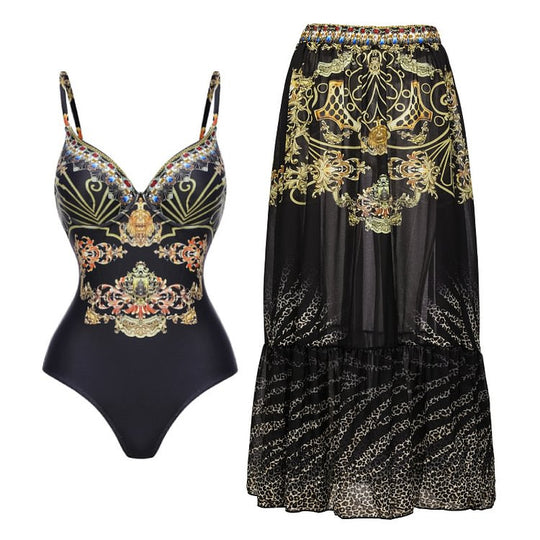Damen Einteiler Badeanzug mit elegantem Design und passendem Wickeltuch R&B