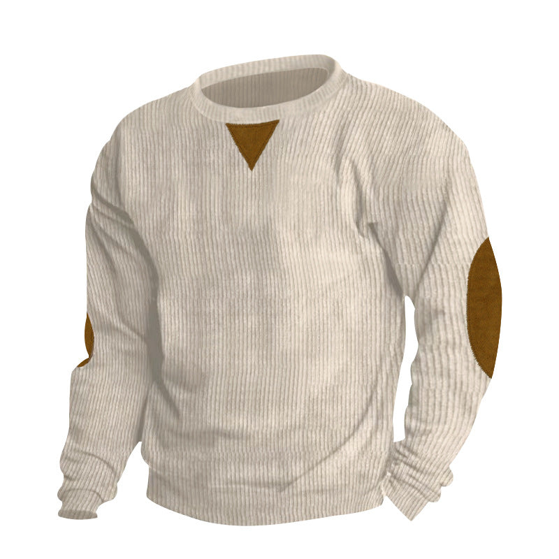 Herren nan grobgerippter Rundhals-Strickpullover mit Ellbogenpatches und Dreiecksdetail R&B
