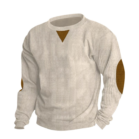 Herren nan grobgerippter Rundhals-Strickpullover mit Ellbogenpatches und Dreiecksdetail R&B