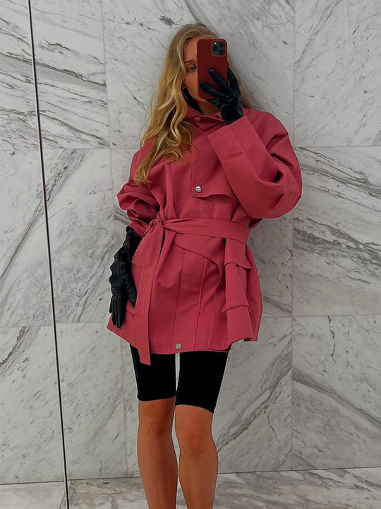Damen Langer Trenchcoat mit breitem Kragen und taillierbarem Gürtel R&B