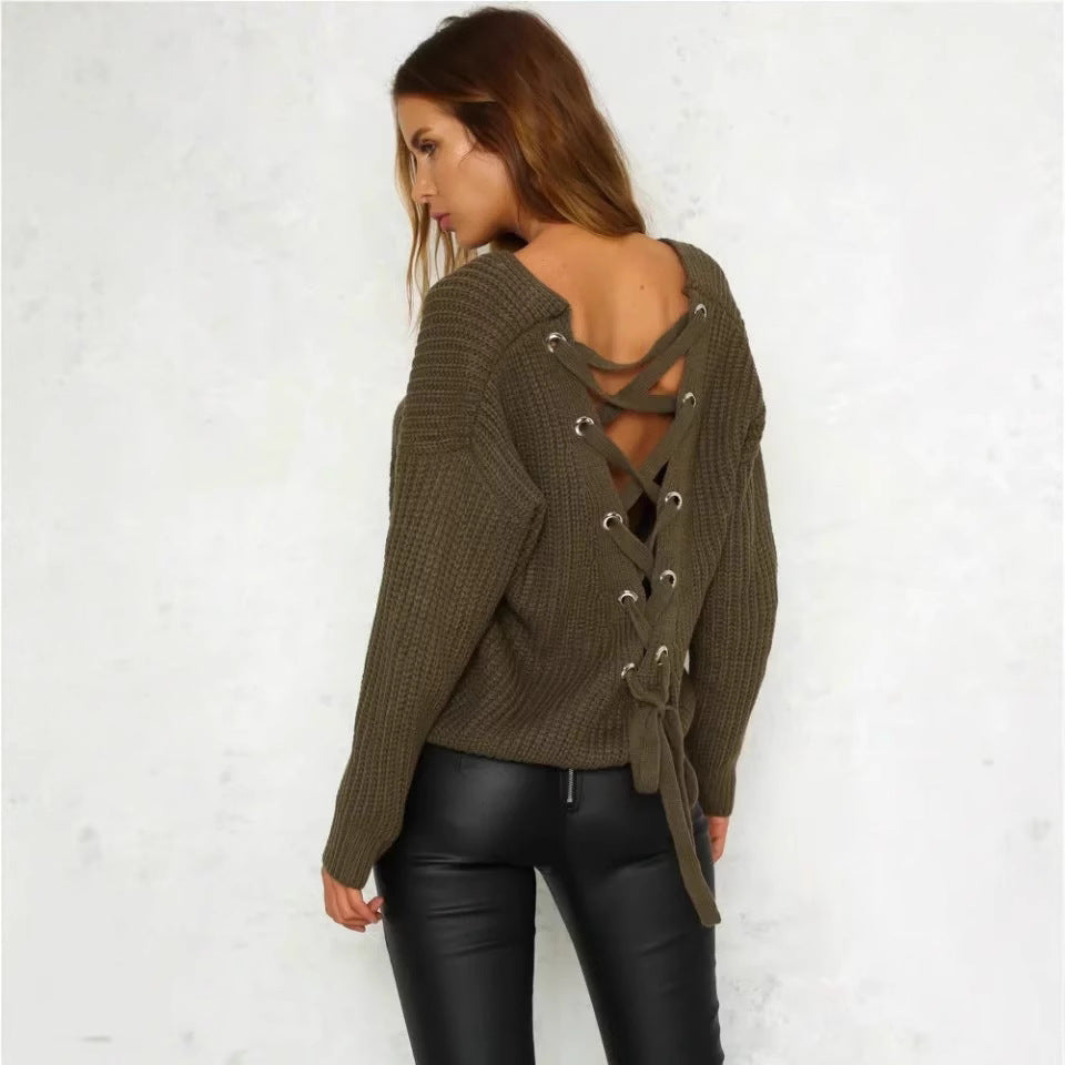 Damen Strickpullover mit tiefem V-Ausschnitt und dekorativem Rückendesign R&B