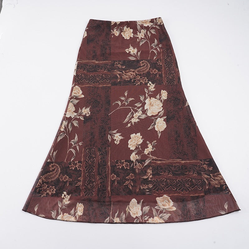 Damen Maxi-Rock mit floralem Design und transparenter Chiffon-Überlage R&B