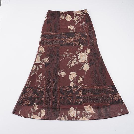 Damen Maxi-Rock mit floralem Design und transparenter Chiffon-Überlage R&B