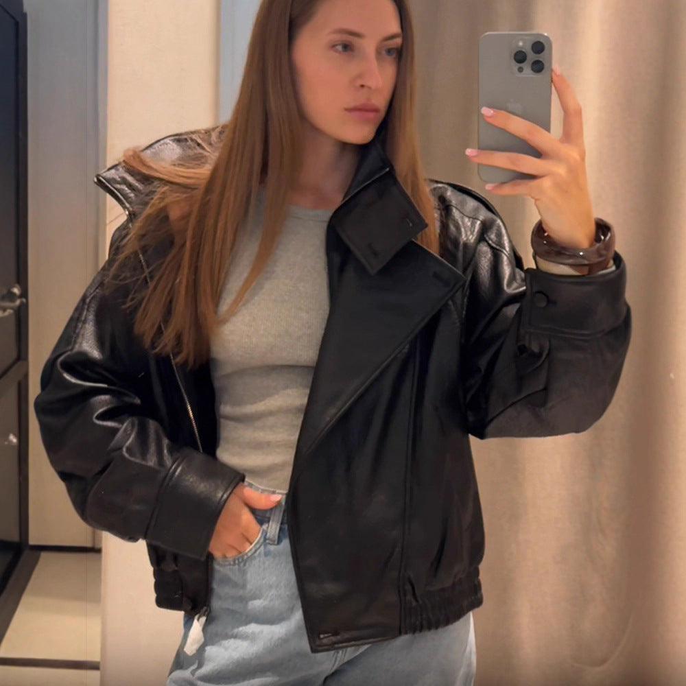 Damen lässige Kunstlederjacke im Oversized-Schnitt R&B