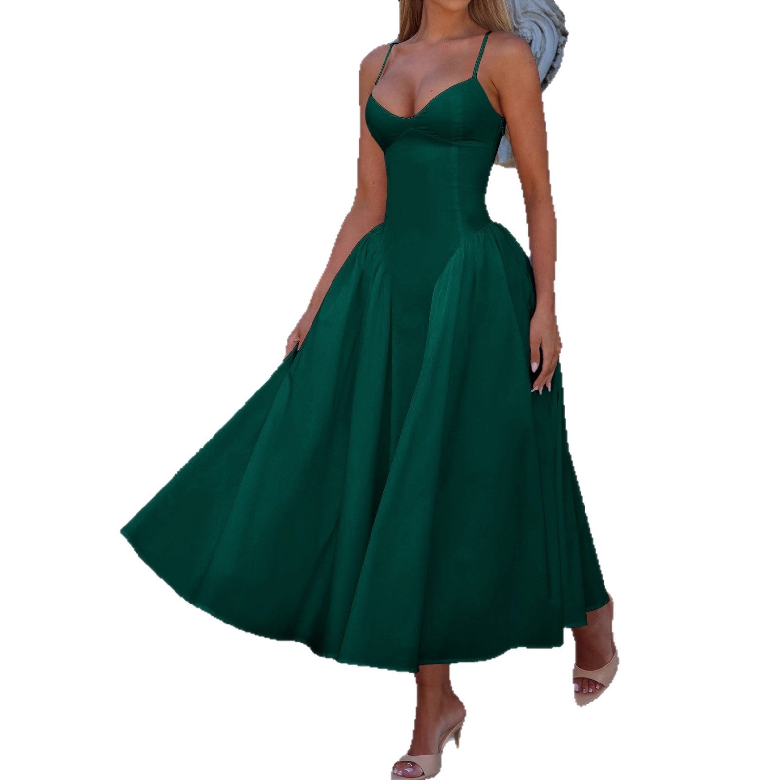 Damen A-linien Abendkleid mit verstellbaren Spaghettiträgern und schwingendem Rock R&B