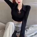 Damen Langarm Crop-Top mit klassischem Kragen und Druckknöpfen