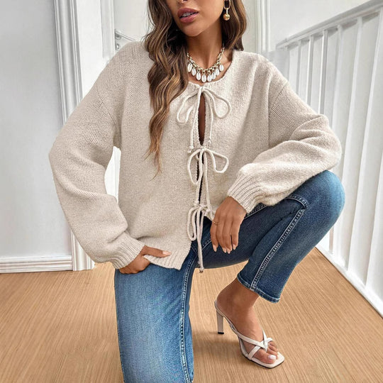 Damen lockerer Strickcardigan mit verstellbarem Bund R&B